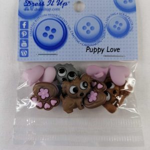 Botones infantiles IDEAS-motivos perritos y corazones-color marrón y rosa