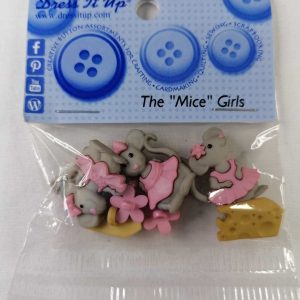 Botones infantiles IDEAS-motivos ratoncitas y queso-color rosa y gris