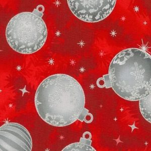 Telas Magomar Patchwork Navidad - colección Holiday Flourish Metalic - motivo bolas navidad plateada en fondo rojo - RobertKaufman 100% Algodón Ref. MP19921