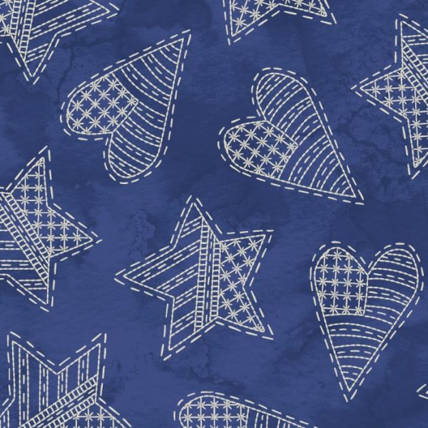 Telas Magomar Patchwork Estampado - colección Summertime - motivo corazones y estrellas en fondo azul marmoleado - MayWood 100% Algodón - Ref.MP10153-BE