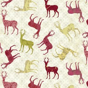 Telas Magomar Patchwork Navidad - colección Christmas Magig by Kelly Rae Roberts - motivo ciervo estampado marfil y rojo - Benartex 100 % Algodón - Ref. MP13123