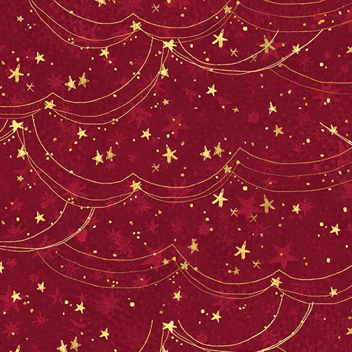 Telas Magomar Patchwork Navidad - colección Christmas Magig by Kelly Rae Roberts - motivo estrellas doradas en fondo burdeos - Benartex 100 % Algodón - Ref. MP13120-19