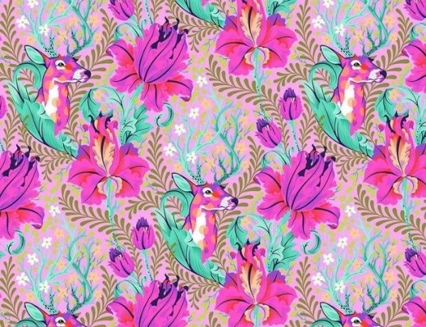 Telas Magomar Patchwork Estampada - colección Tiny Beast - motivo ciervo y flores en enredadera en fondo rosa - Free Spirit 100% Algodón Ref.MP178 -