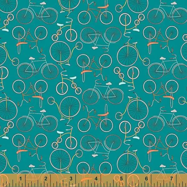 Telas Magomar-Patch Patchwork Estampada - colección Ser mi Vecino por Terri Degenkolb - motivo bicicletas en fondo verde - Windham Fabrics 100% Algodón Ref.MP53162-9