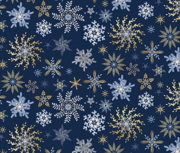 Telas Magomar Patchwork Panel Navidad - colección Americano Christmas Shimmer - Copos de Nieve en fondo azul Marino - P&B Textil 100% Algodón Ref.MP5073N