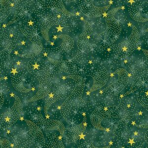 Telas Magomar Patchwork Navidad - colección Twinkle ( Estrella fugaz ) - motivo copos de nieve, estrellas metálicas y doradas en fondo verde - Stoffabrics 100% Algodón Ref.MP 4590-006