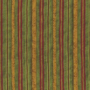 Magomar Patch Patchwork colección Star of Wonder . Star of Light de Nancy Halvorsen - motivos rayas rojas y doradas con pequeños adornos de volutas en fondo vede Benartex 100% Algodón Ref.MP17066-44