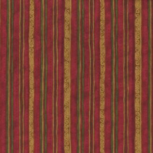 Magomar Patch Patchwork colección Star of Wonder . Star of Light de Nancy Halvorsen - motivos rayas verdes y doradascon pequeños adornos de volutas en fondo rojo Benartex 100% Algodón Ref.MP17066-10