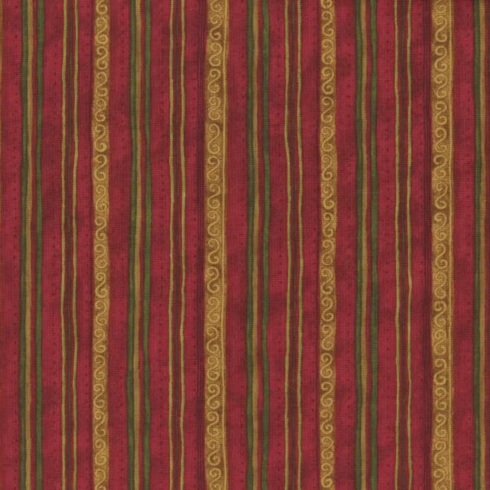 Magomar Patch Patchwork colección Star of Wonder . Star of Light de Nancy Halvorsen - motivos rayas verdes y doradascon pequeños adornos de volutas en fondo rojo Benartex 100% Algodón Ref.MP17066-10