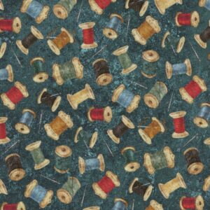 Magomar Patch  Patchwork colección Stonehenge Stitchin' de Deborah Edwards motivos carretes de hilo en fondo aguamarina Northcott 100% Algodón Ref.MP28345-68