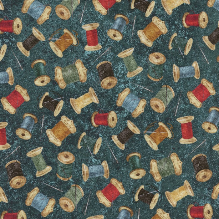 Magomar Patch Patchwork colección Stonehenge Stitchin' de Deborah Edwards motivos carretes de hilo en fondo aguamarina Northcott 100% Algodón Ref.MP28345-68