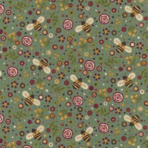 Magomar Patch Patchwork Tela colección Pennyberry Farm de Kim Diehl motivo abejas revoloteando en flores coloridas fondo azul verdoso intenso Henry Glass Fabrics 100% Algodón Ref.MP2010