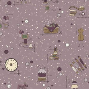 Magomar Patch Patchwork Tela colección Bobbins & Blooms by Linette Jakobsen motivos de costura en fondo lila Stoffabrics 100% Algodón Ref.MP4504-078