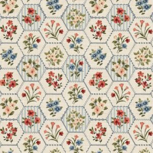 Magomar patch Patchwork Tela Estampada Colección Farmhouse Sampler motivo hexágonos con ramilletes de flores en fondo crema 100% Algodón Northcott Ref.MP28603-11