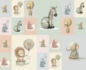 Magomar Patch Patchwork Panel Cuna, animales de la selva ( leòn,cebra,jirafa,elefante, etc ) tonos pasteles Medida: 56x110cm 100% Algodón Ref.MP7454