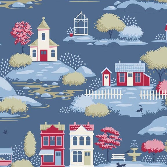 Magomar Patch Patchwork Tela TILDA Colección Village Life - village Azul Tela azul motivo casas ,mercados ,árboles 100% Algodón Ref.MP110187