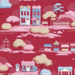 Magomar Patch Patchwork Tela TILDA Colección Village Life - village Borgoña tela burdeos motivo casas ,mercados ,árboles 100% Algodón Ref.MP110186