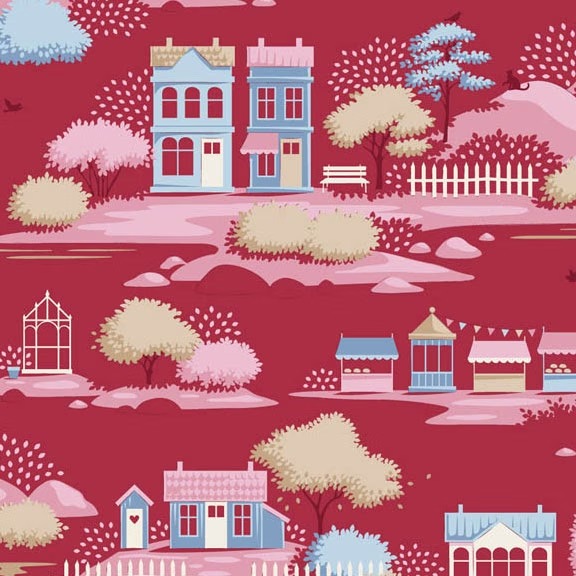 Magomar Patch Patchwork Tela TILDA Colección Village Life - village Borgoña tela burdeos motivo casas ,mercados ,árboles 100% Algodón Ref.MP110186