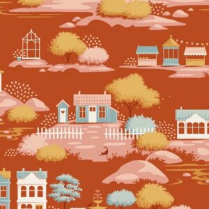 Magomar Patch Patchwork Tela TILDA Colección Village Life - village Rust Tela naranja óxido motivo casas ,mercados ,árboles 100% Algodón Ref.MP110179