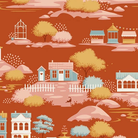 Magomar Patch Patchwork Tela TILDA Colección Village Life - village Rust Tela naranja óxido motivo casas ,mercados ,árboles 100% Algodón Ref.MP110179