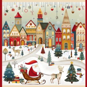 Magomar Patch Patchwork Panel Navidad colección Nordic Holiday Village motivo animado pueblo navideño con adorables casas, muñecos de nieve, renos y Papá Noel en su trineo 100% Algodón HenryGlasFabrics Ref.MP361