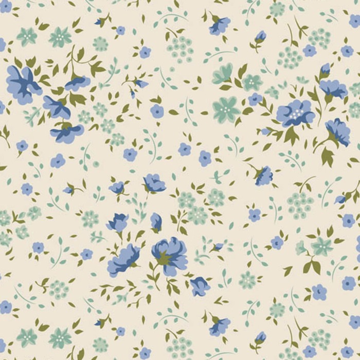 Magomar Patch Patchwork Tela Básica Trasera TILDA ( 274cm ) Colección Wideback - Ellie Blue_Teal flores azules, racimos verde azulado, enredaderas y hojas verde en fondo crema100% Algodón Ref.MP150012