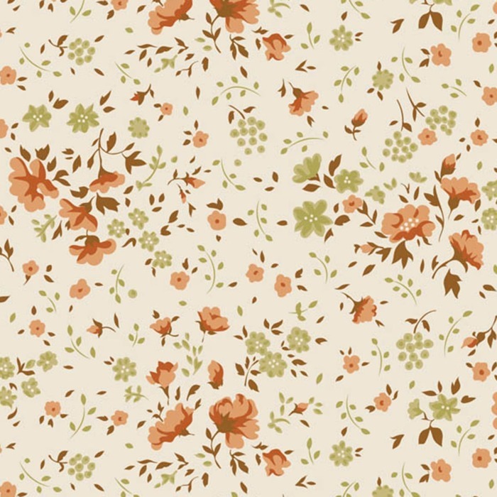 Magomar Patch Patchwork Tela Básica Trasera TILDA ( 274cm ) Colección Wideback - Ellie Ginger_Olive flores de durazno, racimos de flores de olivo, enredaderas y hojas marrones en fondo crema 100% Algodón Ref.MP150013