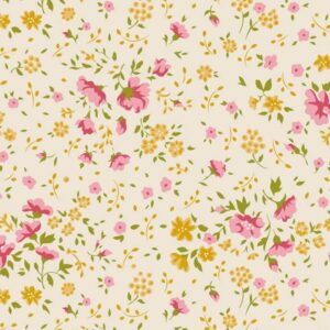 Magomar Patch Patchwork Tela Básica Trasera TILDA ( 274cm ) Colección Wideback - Ellie Pink_Yellow flores rosas, racimos amarillas,enredaderas y hojas verde en fondo crema 100% Algodón Ref.MP150011